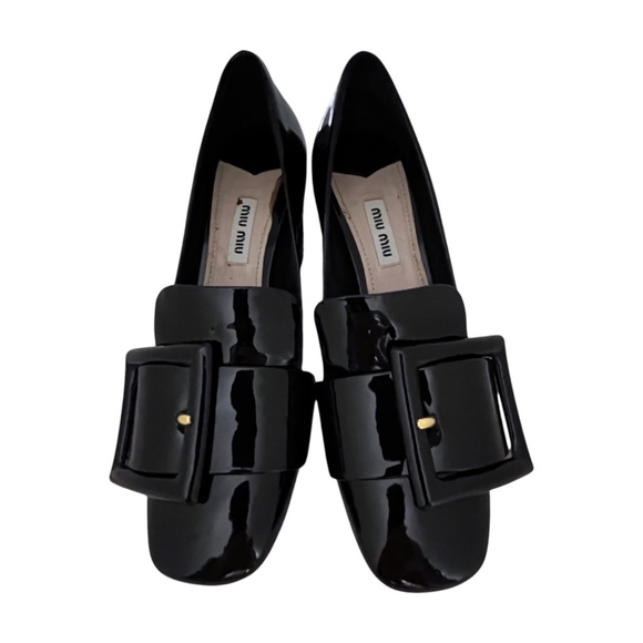 Miu Miu Womens Black Patent Leather Big Buckle Block Heel Loafers Shoes 37, US 7 - Picture 2 of 11